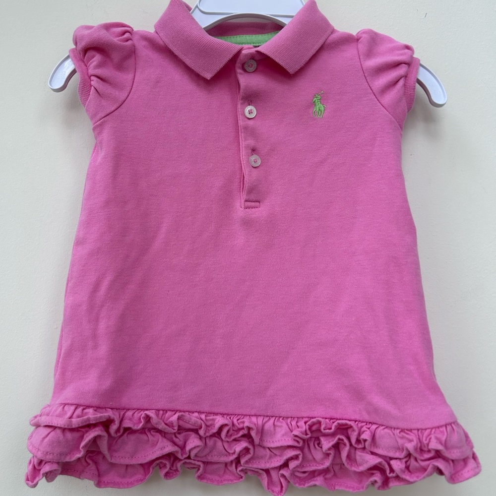 Ralph Lauren pink baby girls polo dress with ruffles and green embroidered logo